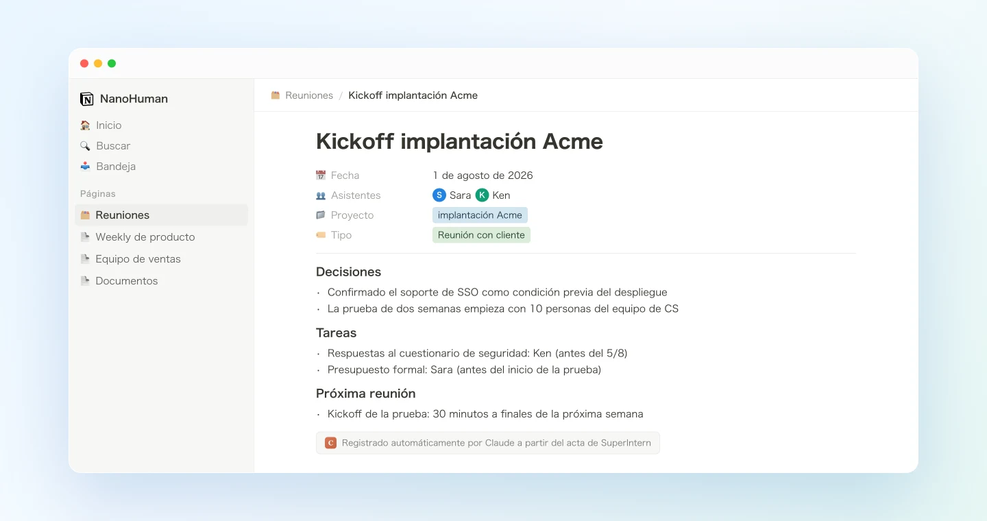 Una página de reunión registrada en la base de datos de Notion