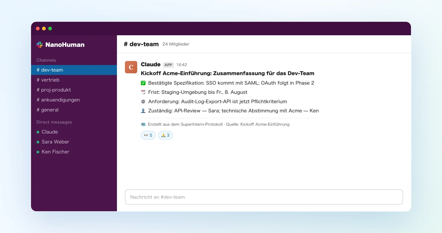 Die Dev-Team-Zusammenfassung, die Claude in Slack gepostet hat