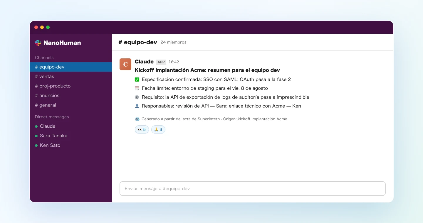 El resumen para el equipo dev que Claude publicó en Slack