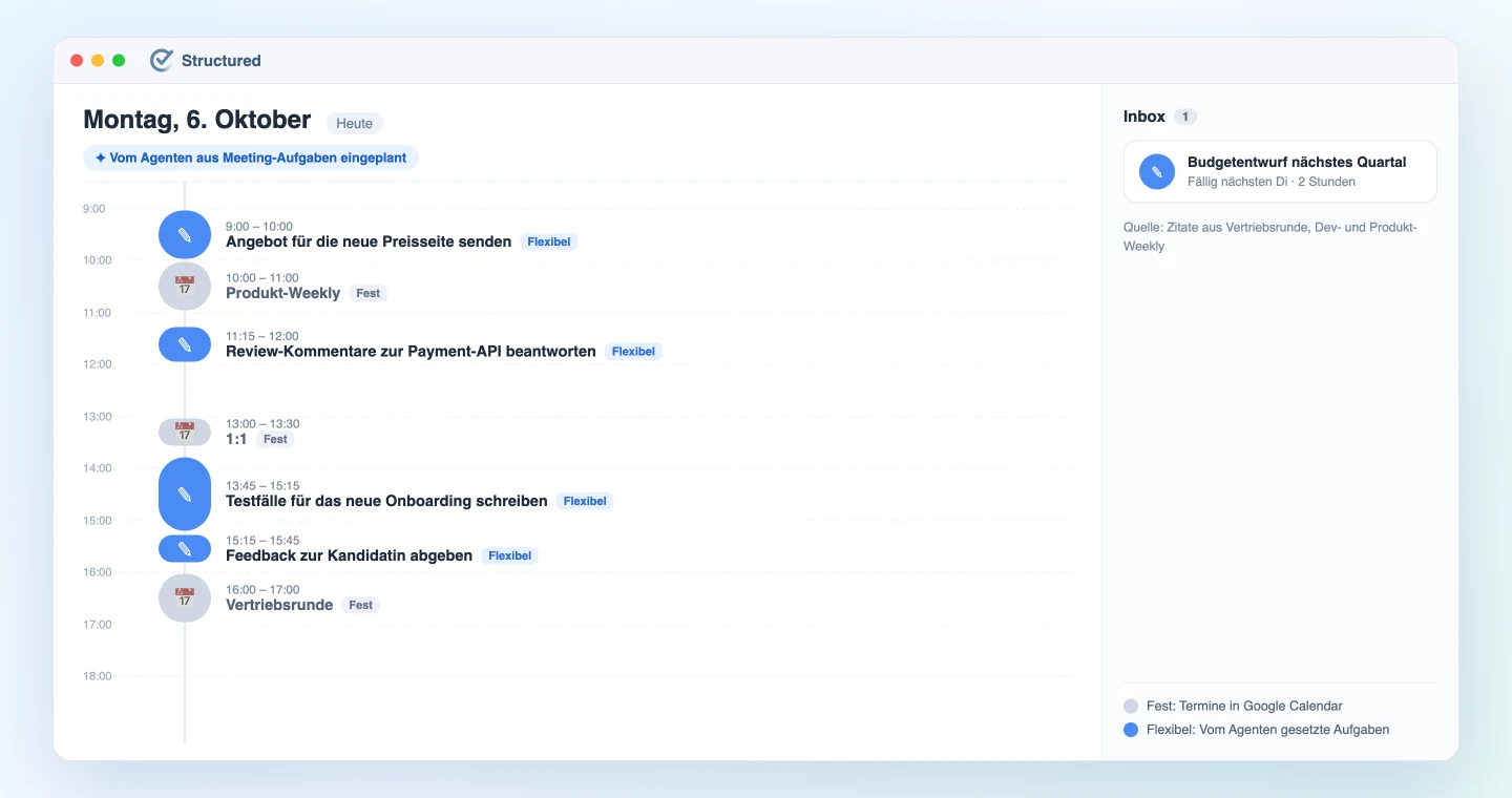 Structured-Tagesplan mit festen Meetings und flexiblen Aufgaben