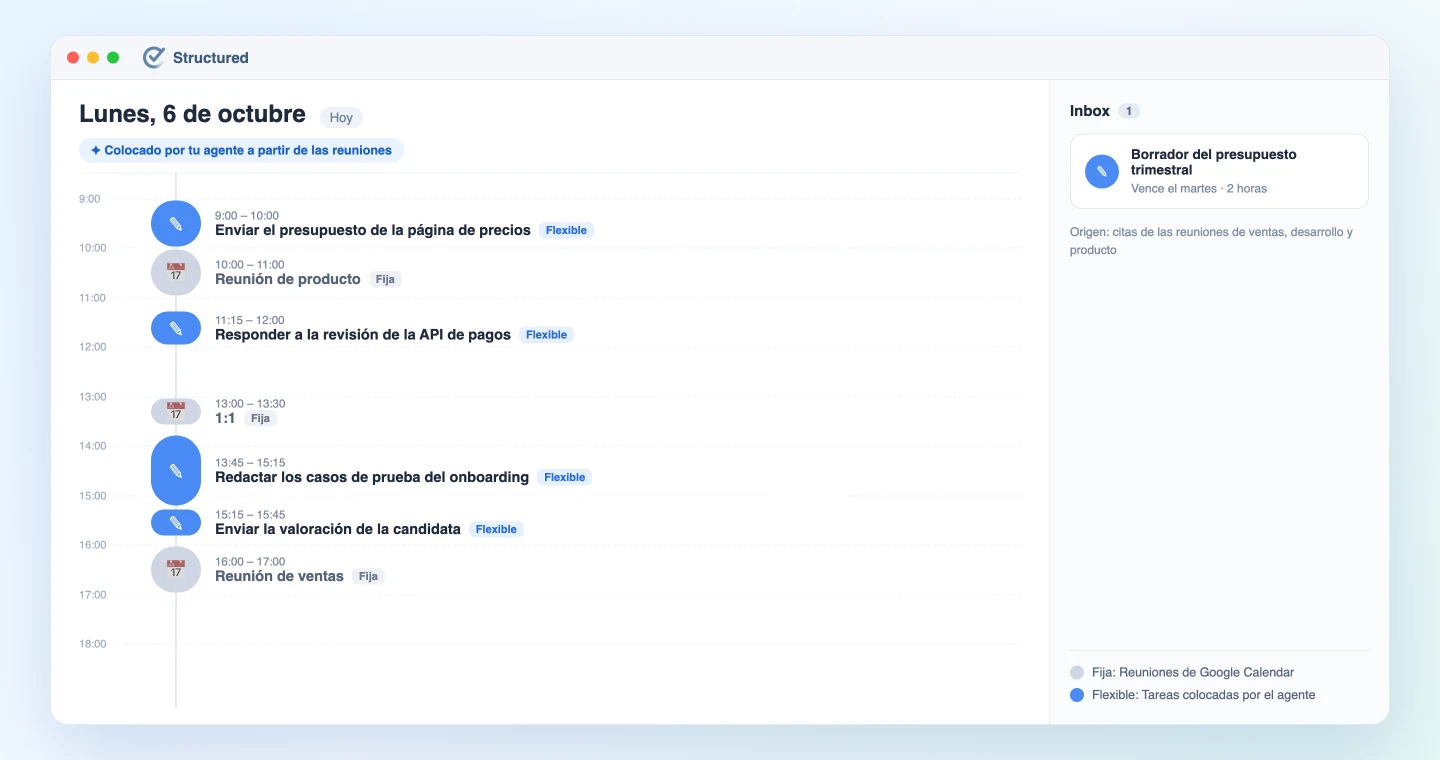 Plan del día en Structured con reuniones fijas y tareas flexibles