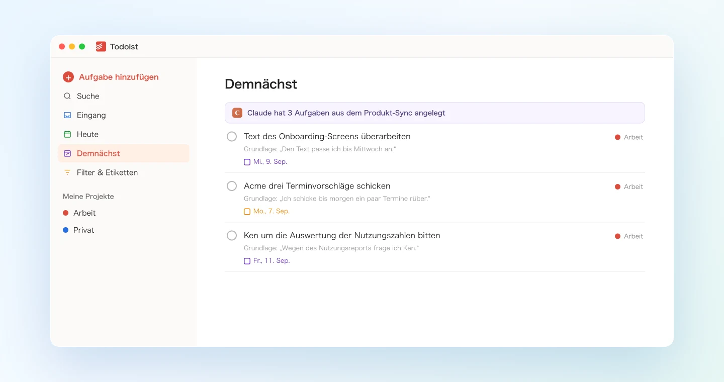 Aus dem Meeting erfasste Aufgaben mit Fälligkeitsdatum in Todoist