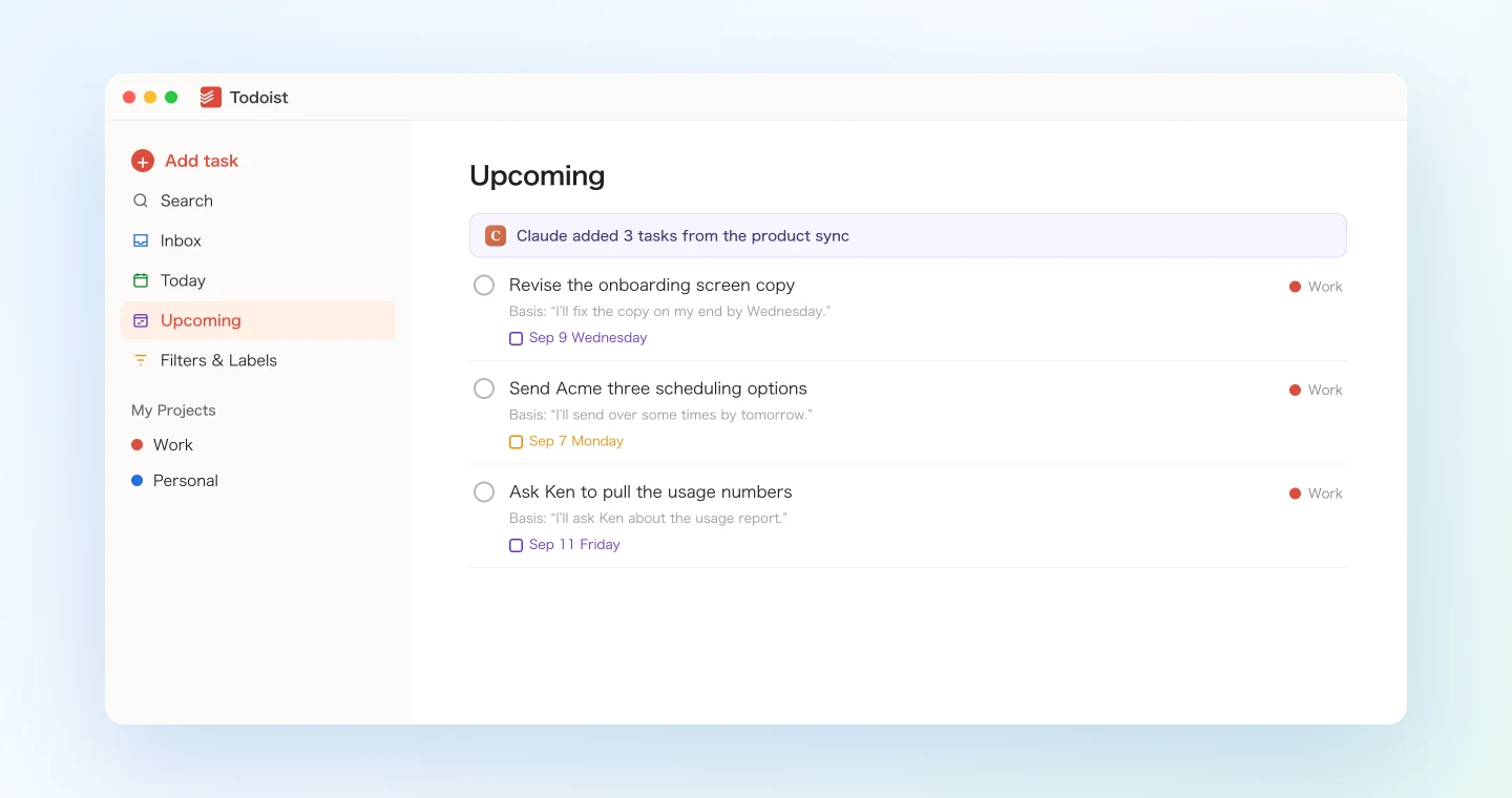 Tasks captured from a meeting sitting in Todoist with due dates