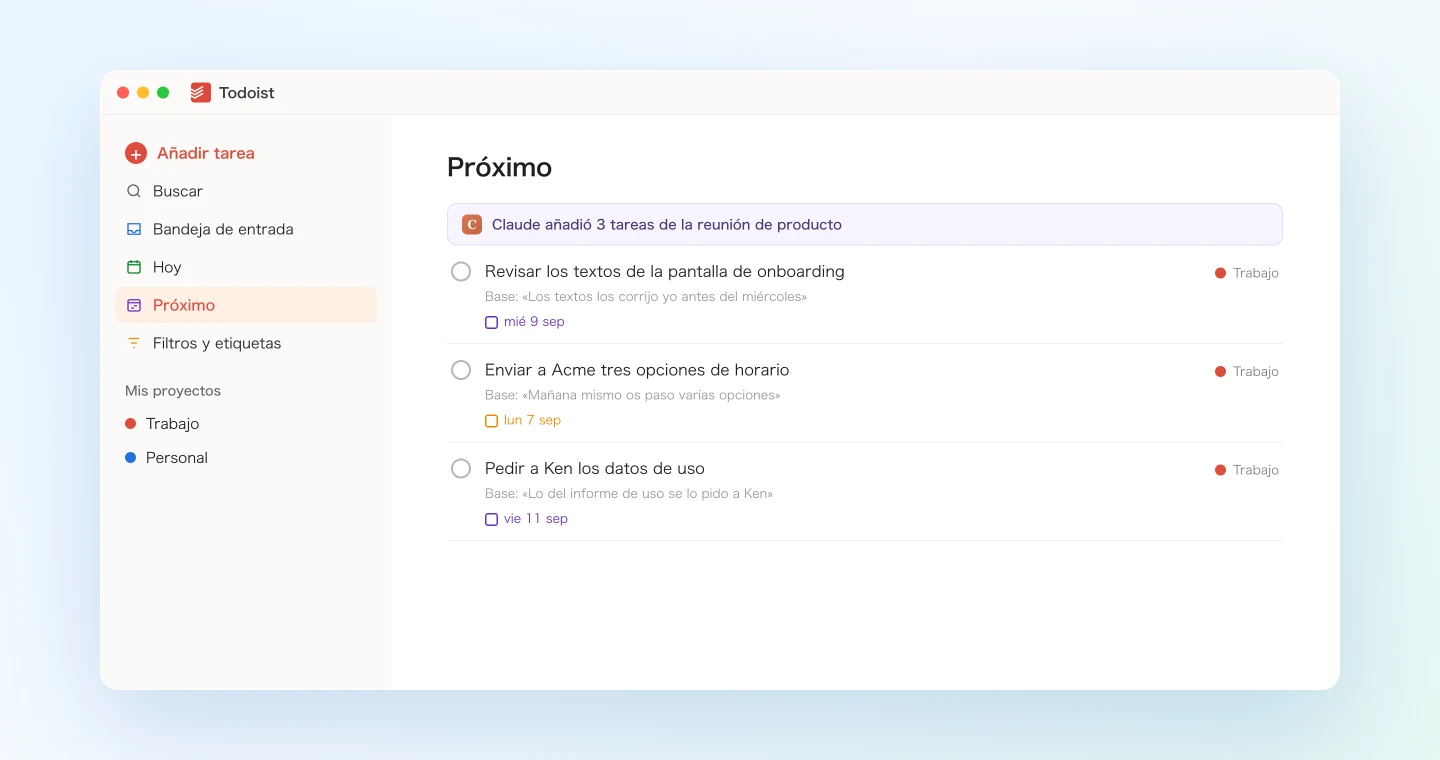 Tareas capturadas de una reunión con sus fechas en Todoist