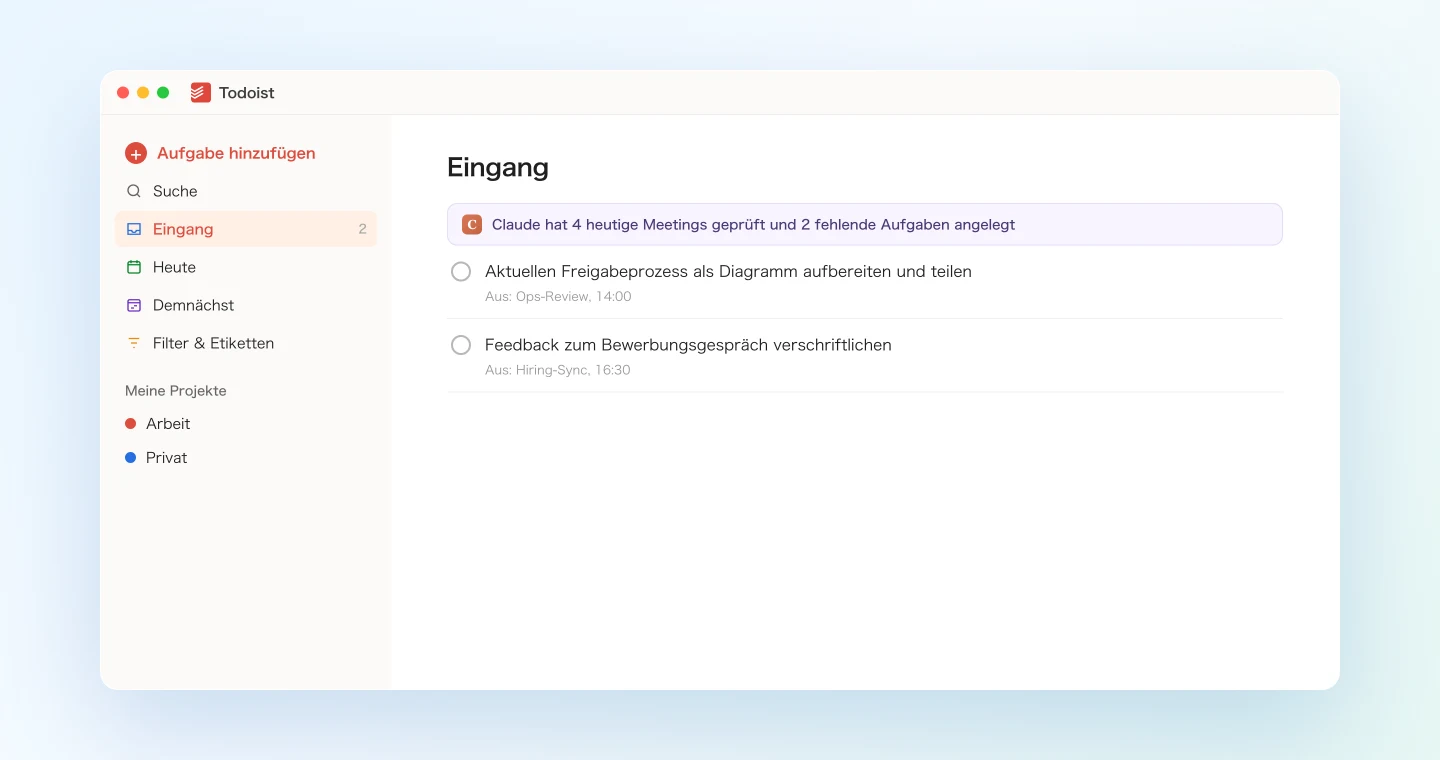 Tagesabschluss legt vergessene Aufgaben im Todoist-Eingang an