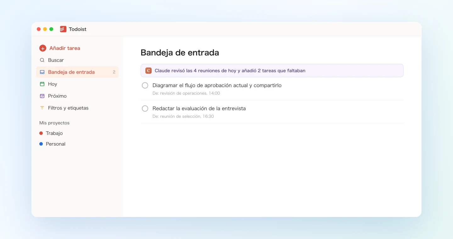 El repaso de fin de jornada añade las tareas olvidadas a la bandeja de entrada de Todoist