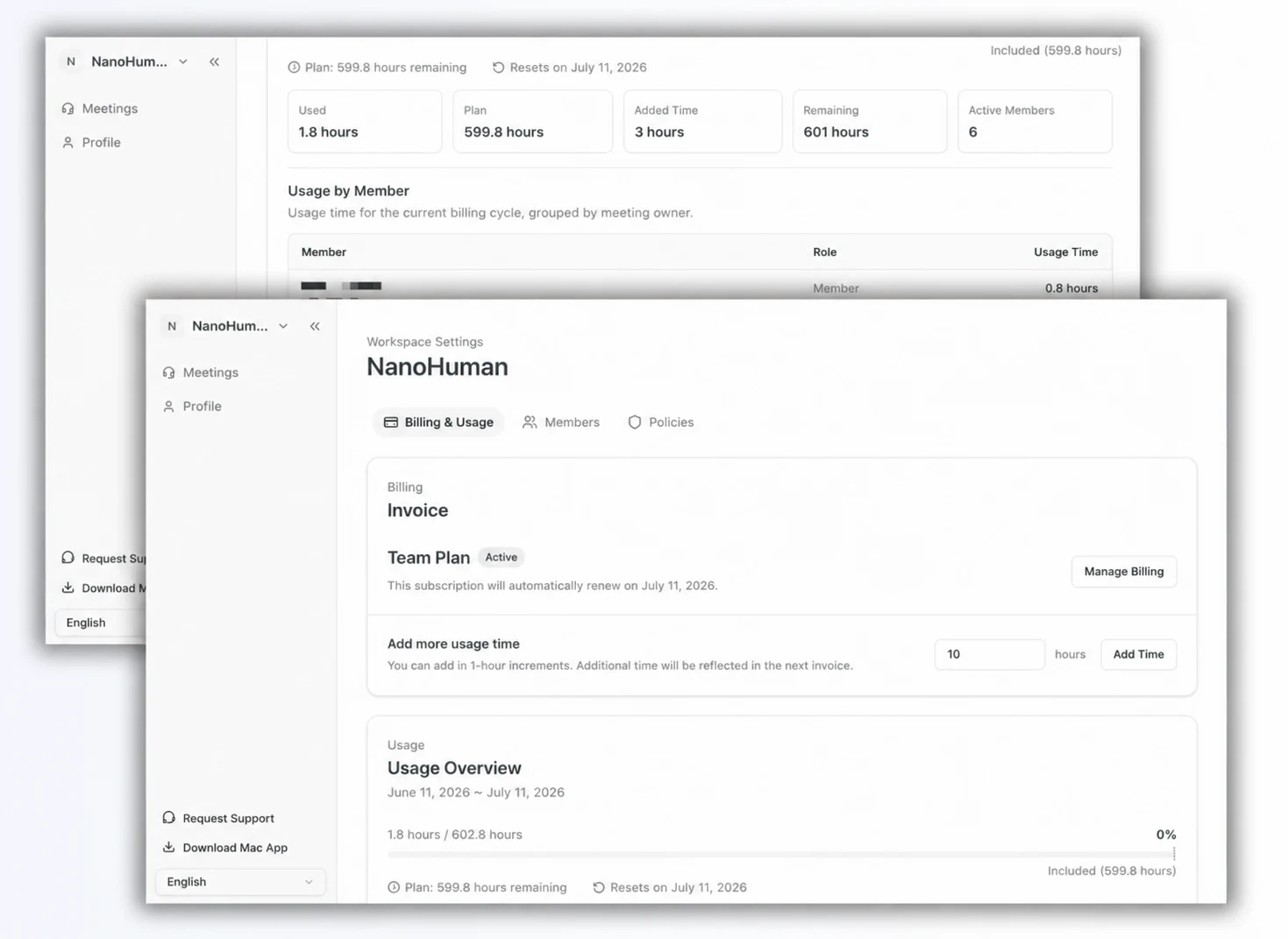 Pantalla del Admin para gestionar facturación y miembros