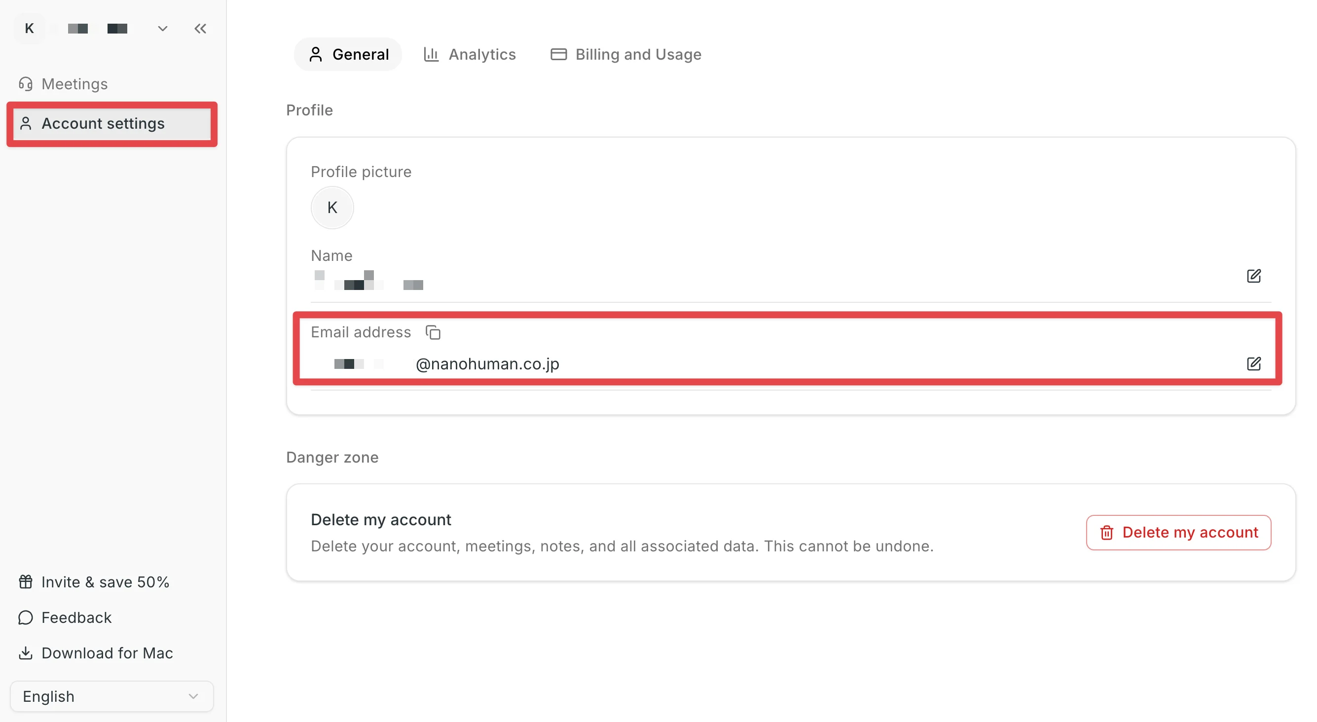 Die E-Mail-Adresse im Tab General der Account settings