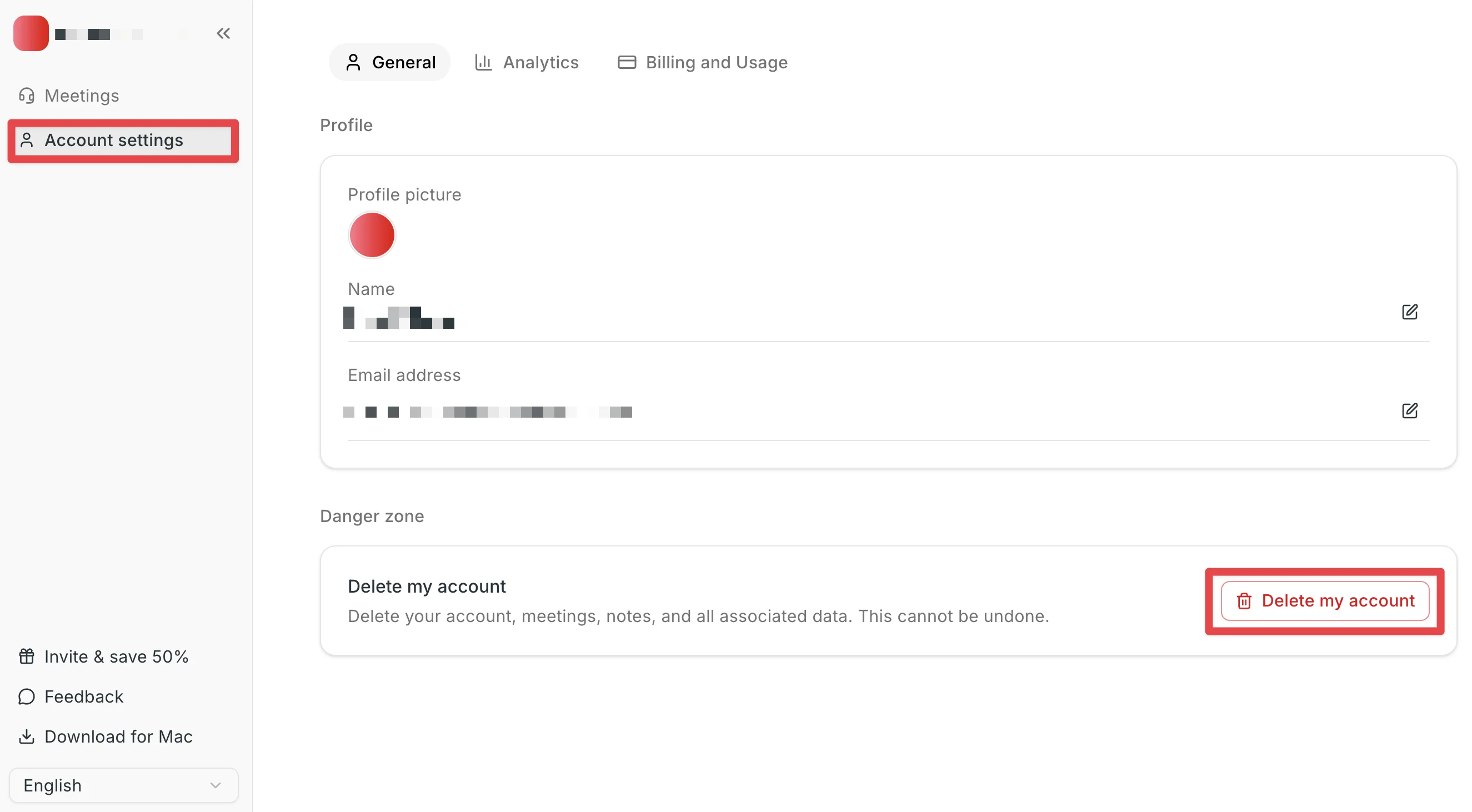 Die Schaltfläche Delete my account im Bereich Danger zone