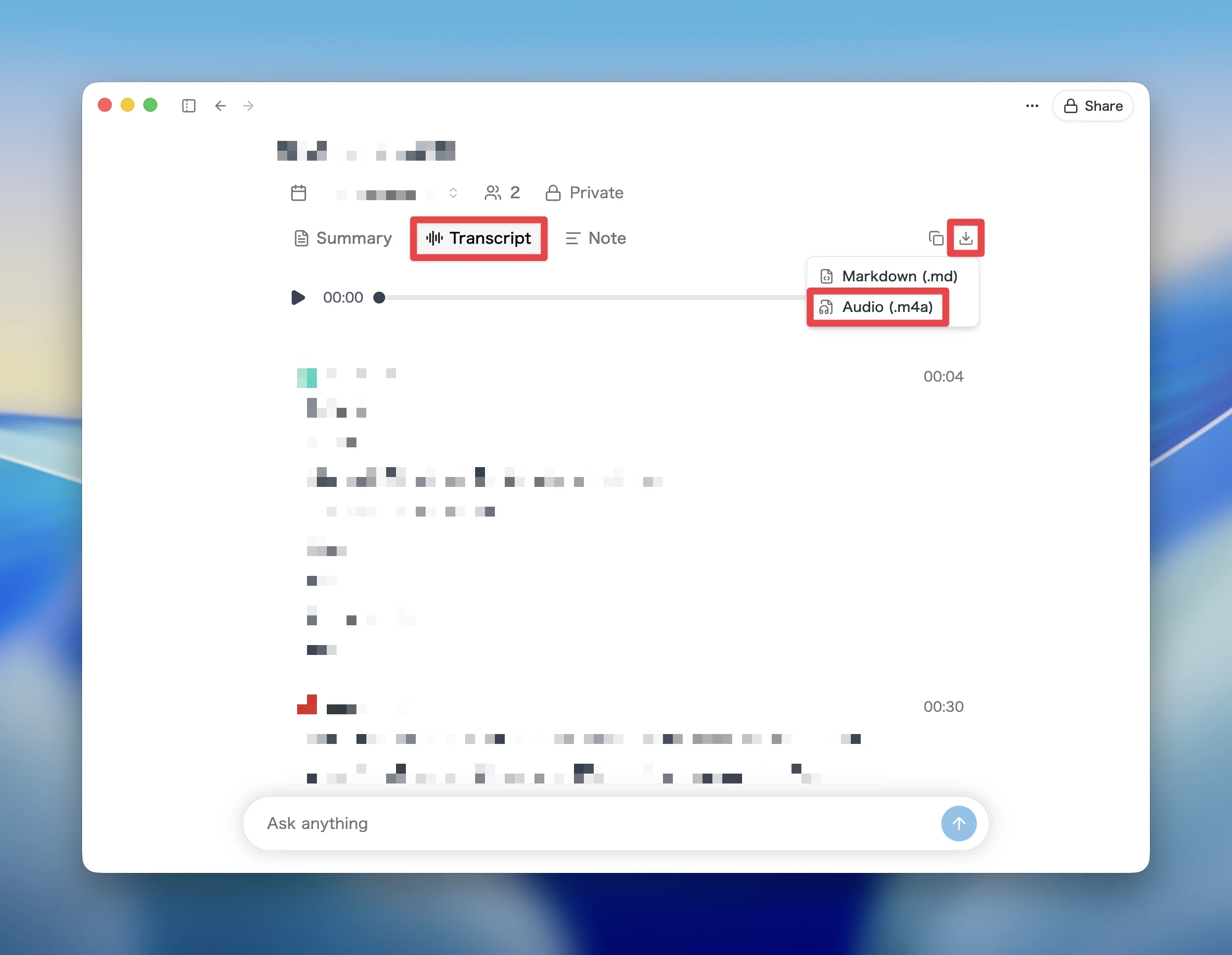 Audiodatei über die Download-Schaltfläche oben rechts im Tab Transcript herunterladen