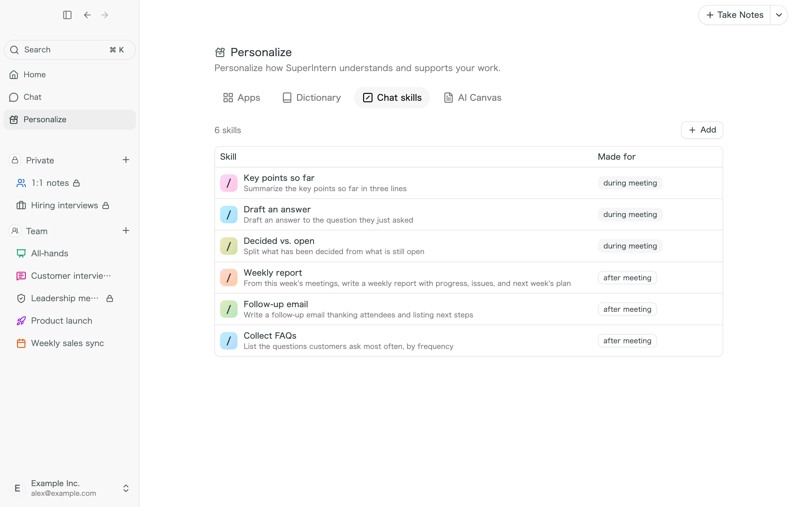 Der Tab Chat skills unter Personalize