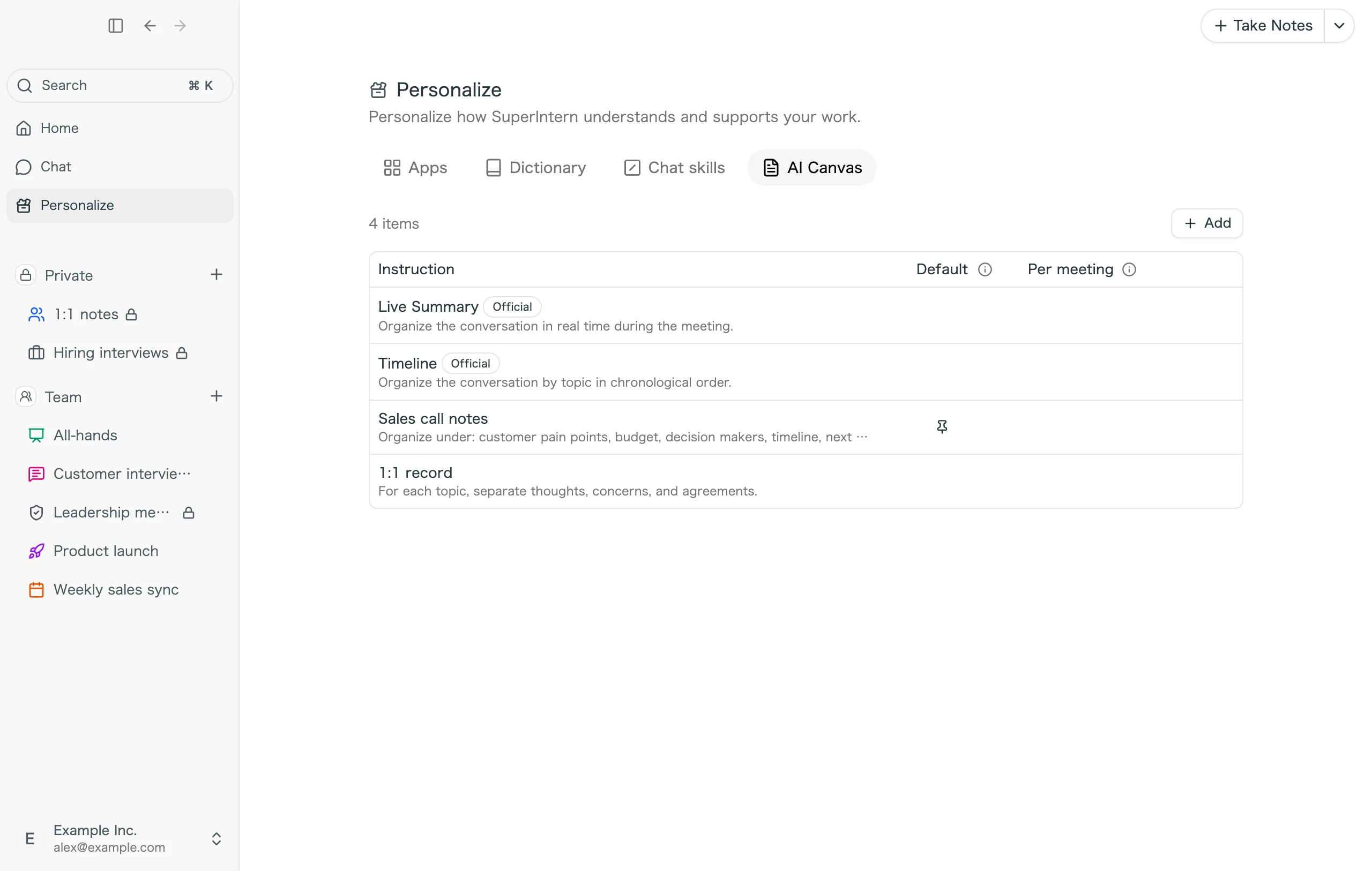 Der Tab AI Canvas unter Personalize
