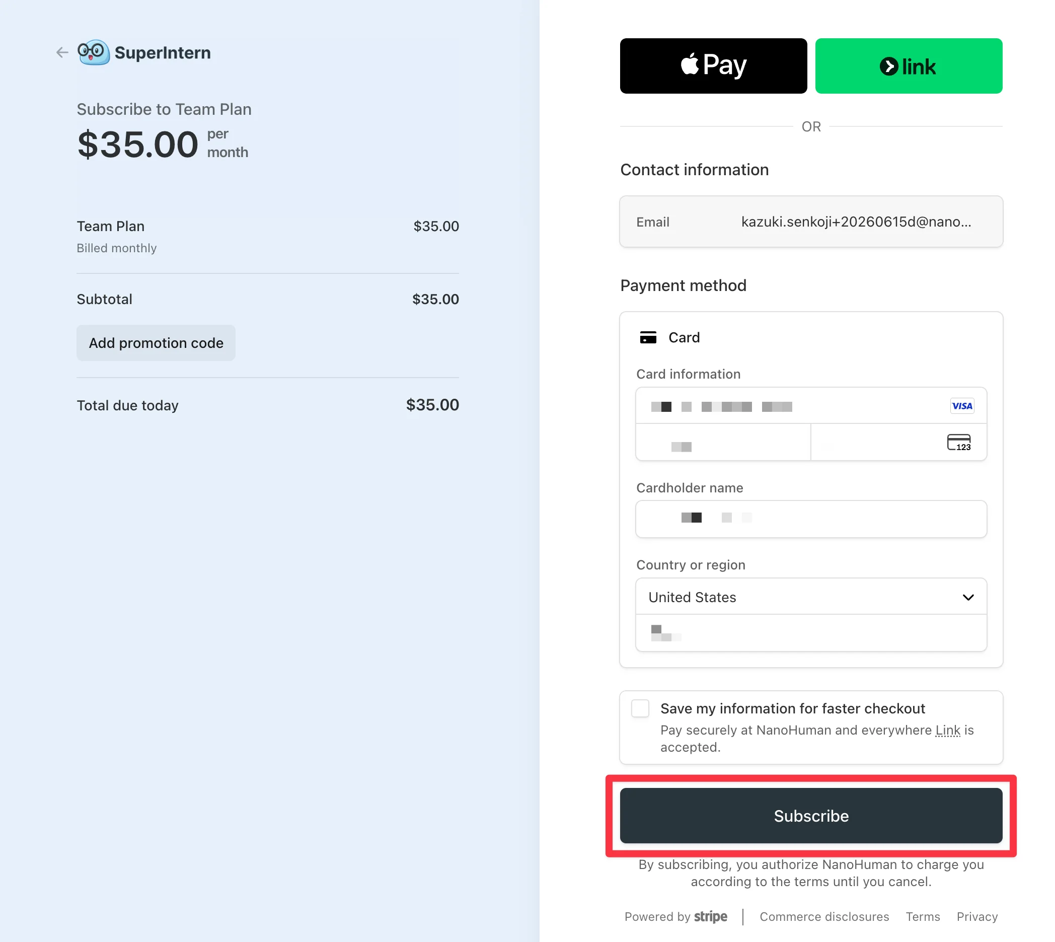 Payment screen