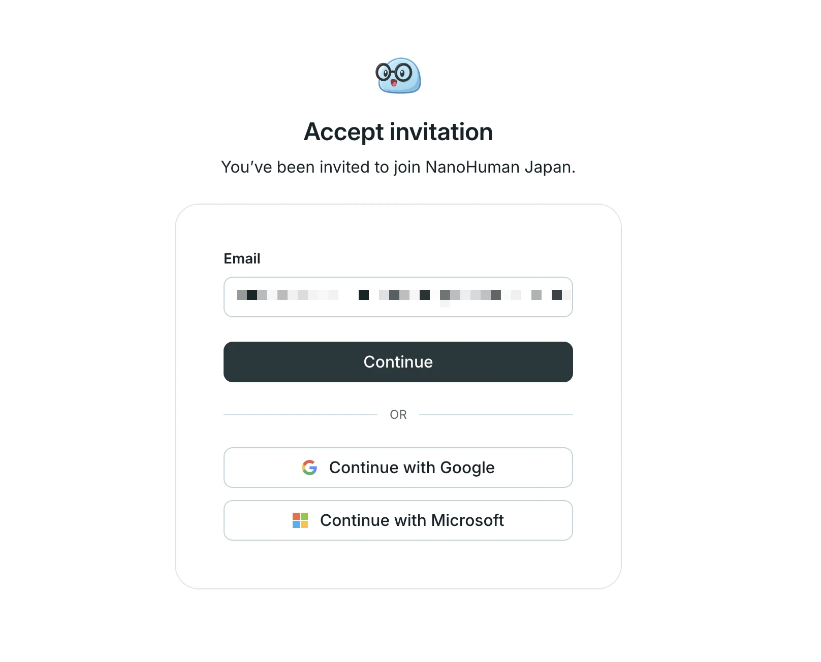 Authentication screen from the invitation