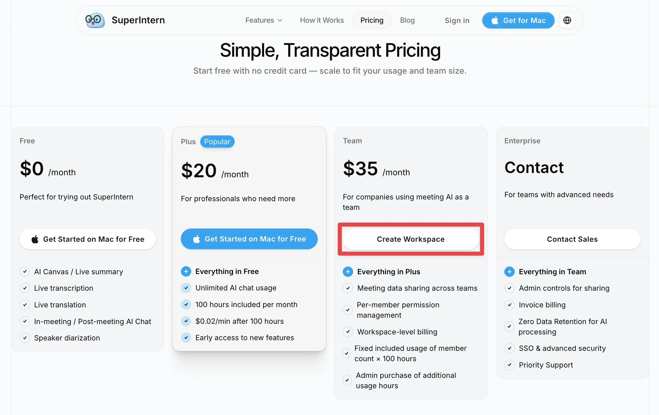 Selecting the Team plan on the pricing page