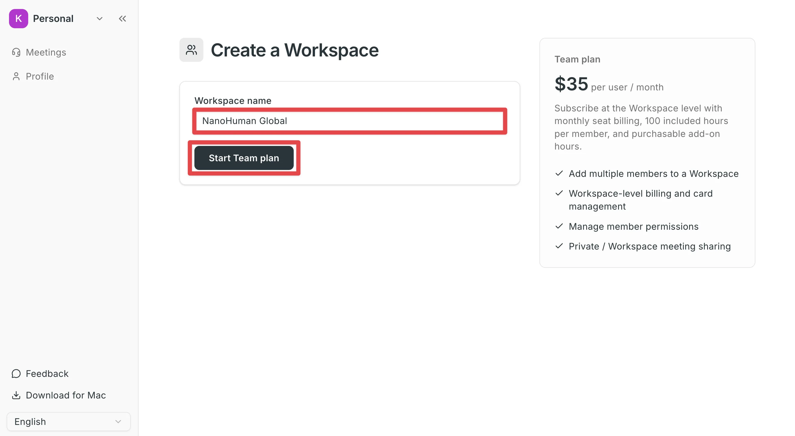 Entering a Workspace name and starting the Team plan