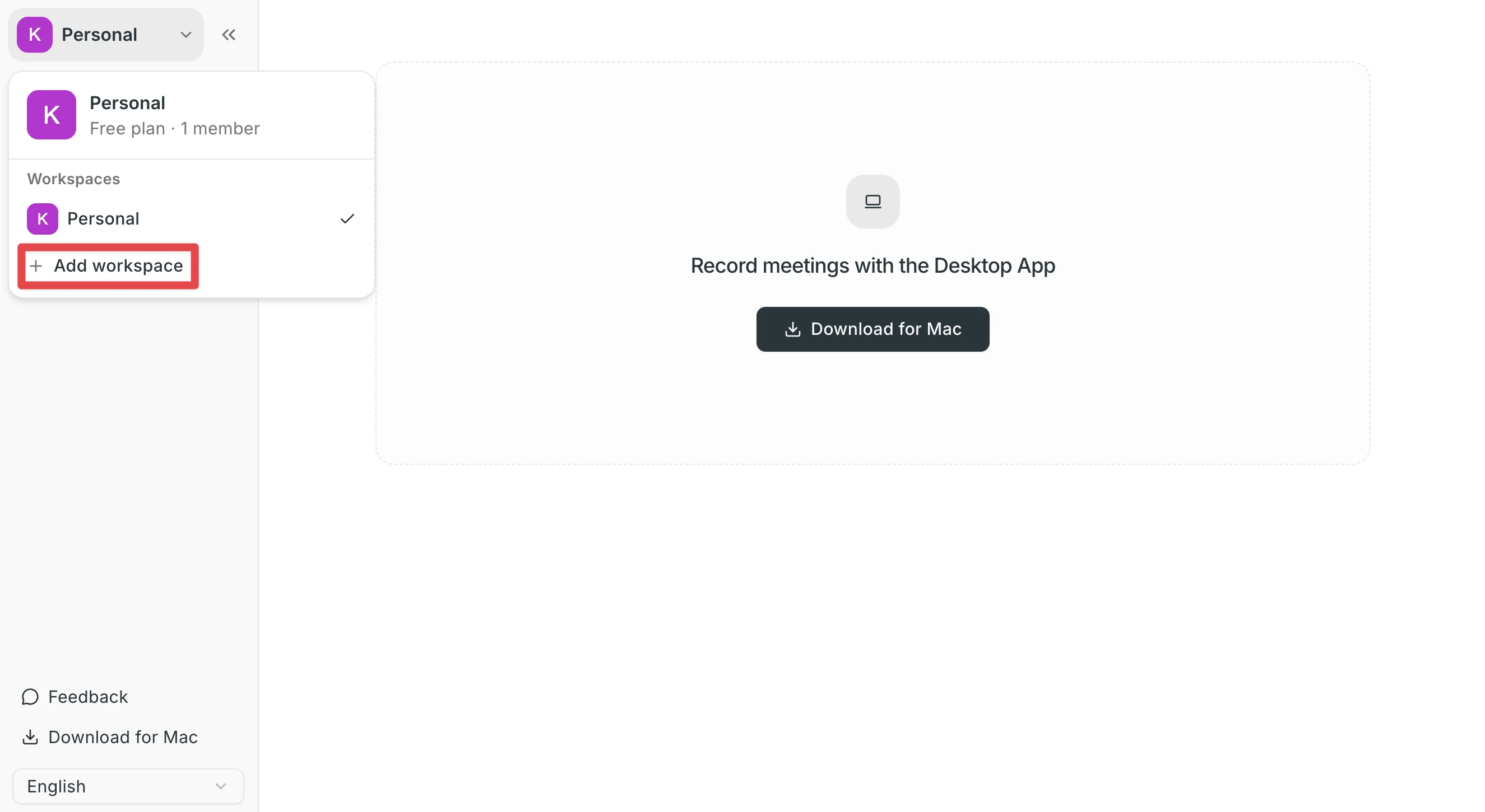 Adding a new workspace from the workspace switcher
