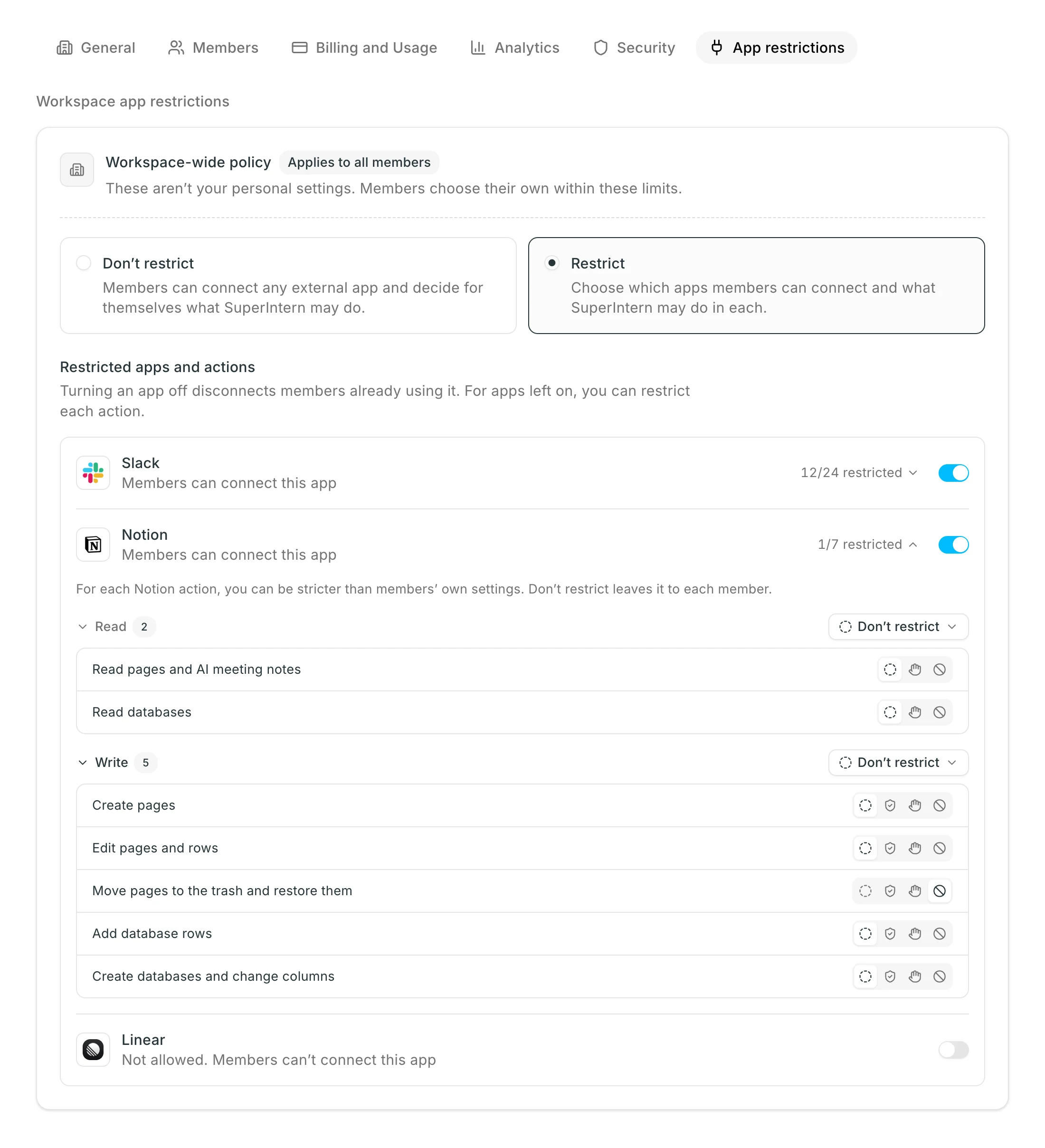 La pestaña App restrictions en la configuración del workspace