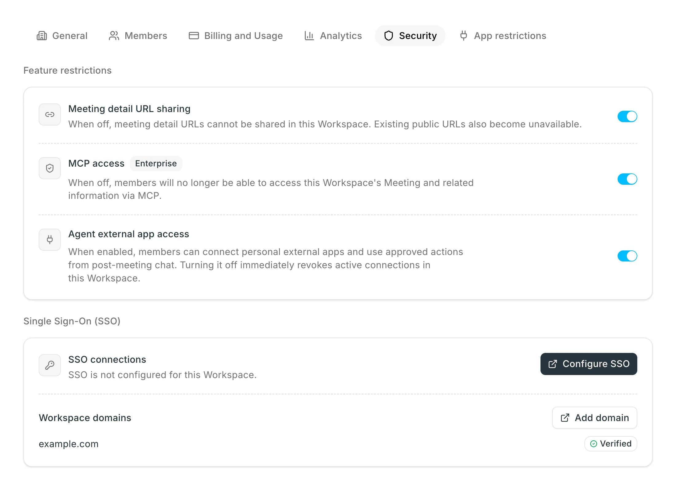 La pestaña Security en la configuración del workspace